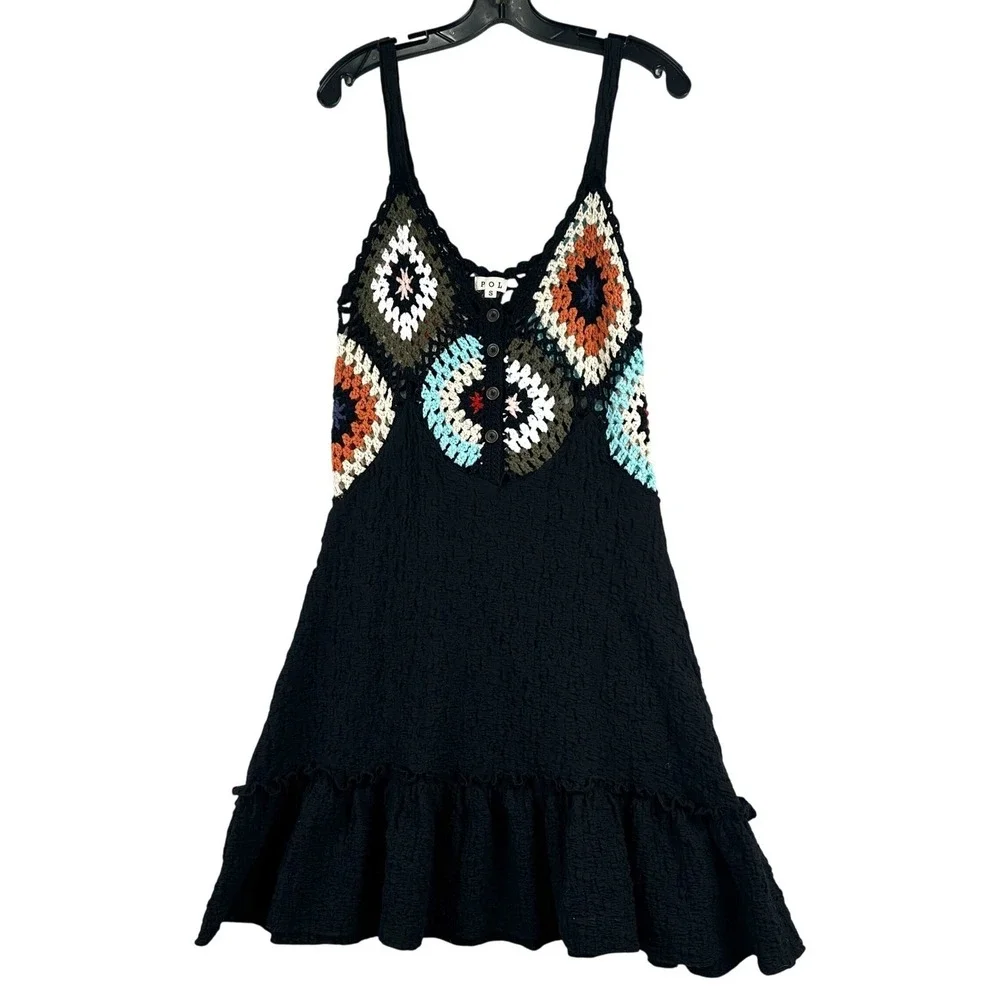 POL Crochet Granny Square Mini Dress Womens Small Black Boho‎ Festival FWT240